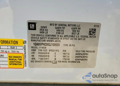 2016 GMC Acadia Sle z USA, uszkodzony, nr VIN 1GKKVPKD6GJ109929